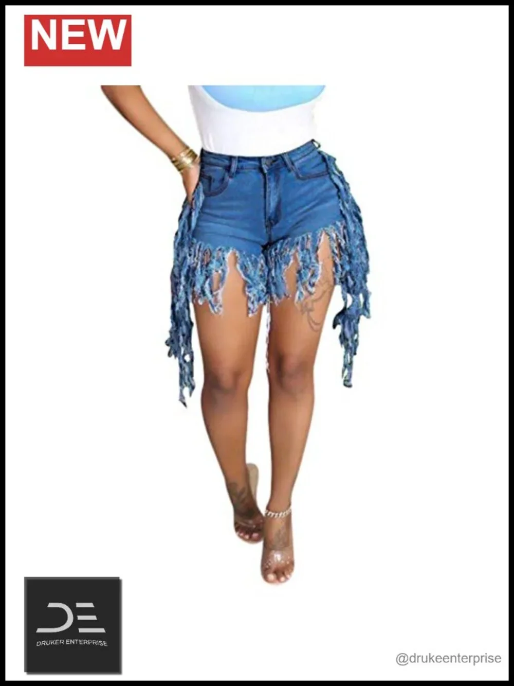 High Waisted Denim Jean Shorts with Frayed Hem Stretchy Casual